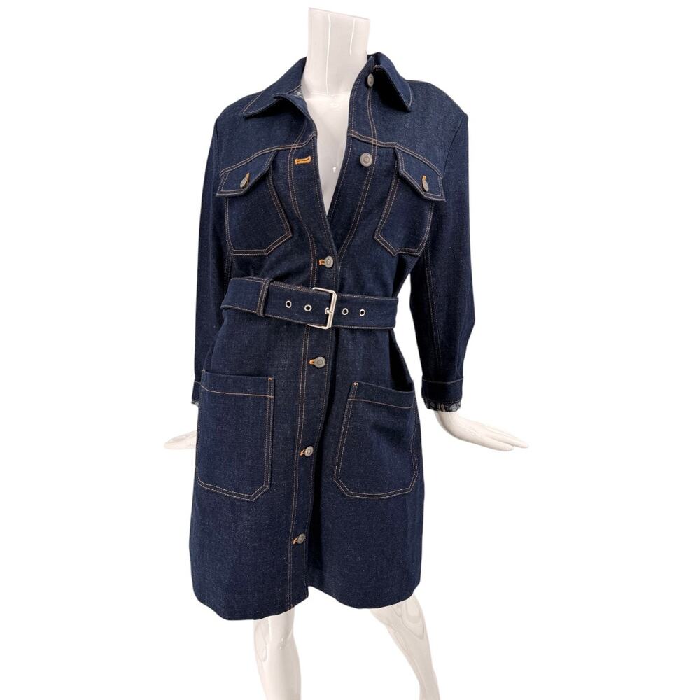 Christian Dior Cotton Denim Button Up Belted Trench Coat Blue Women's Size 6